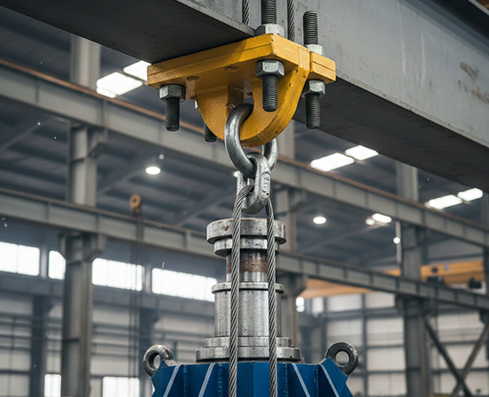 Industrial beam clamp securing lifting load on structural beam